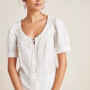 Maeve White Button-Down Blouse with Ruffled Neckline
